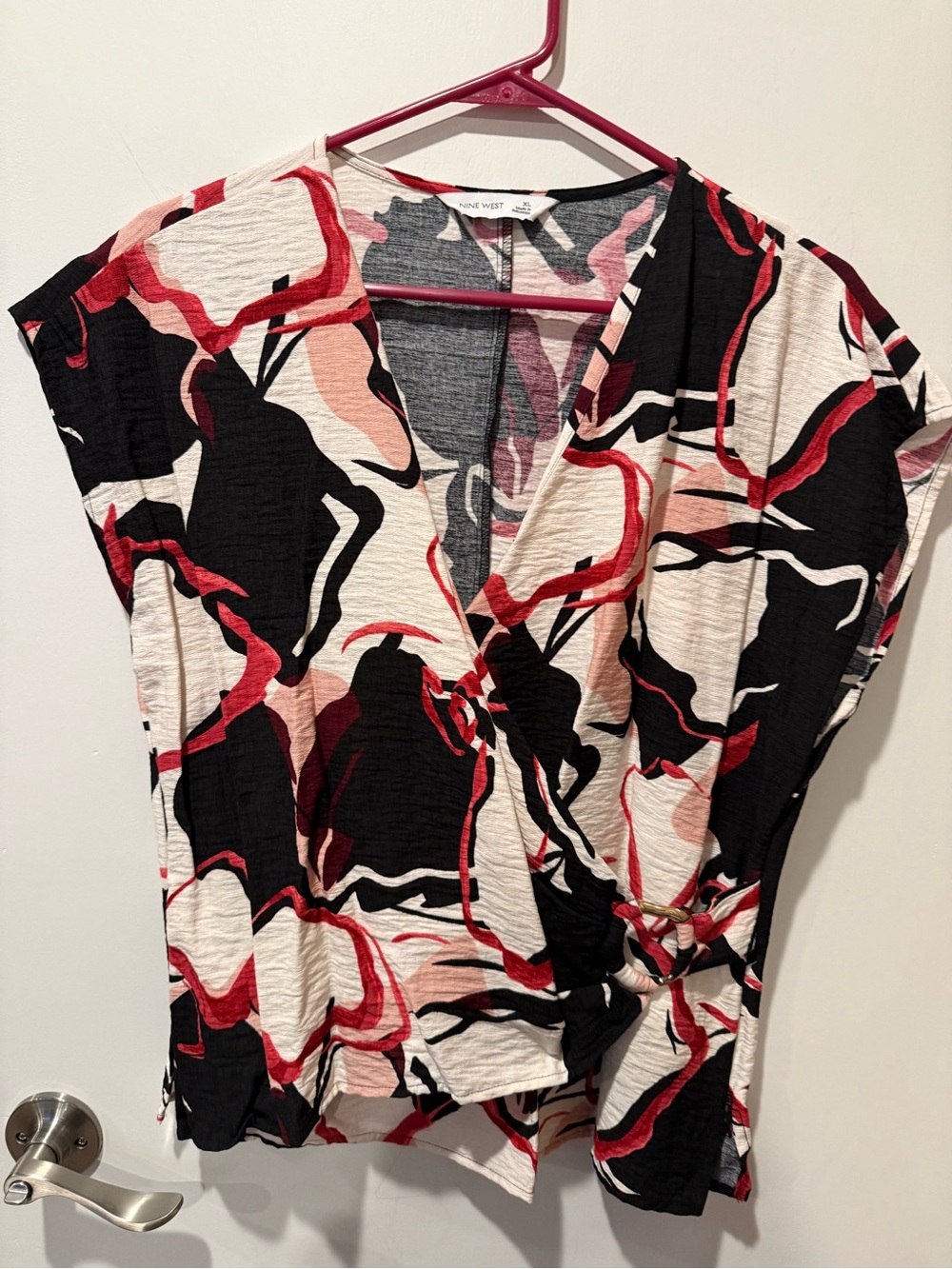 Nine West Black & Cream Abstract Wrap-Front Women's Top